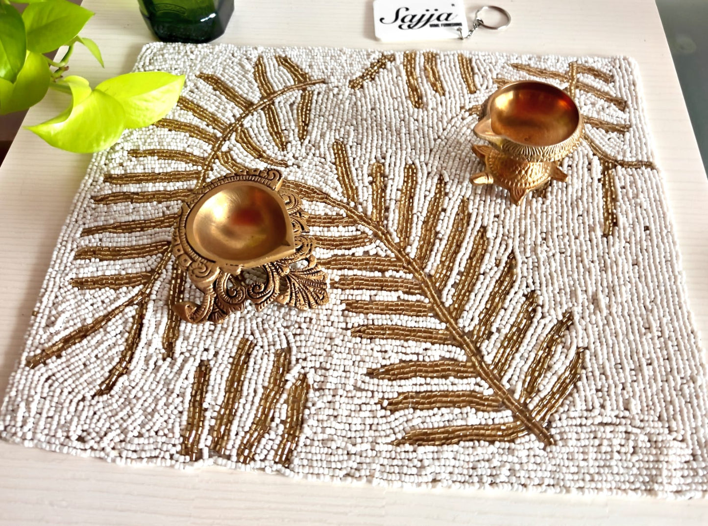Stylish White Gold Leaves Beads Mats Décor Small Runner