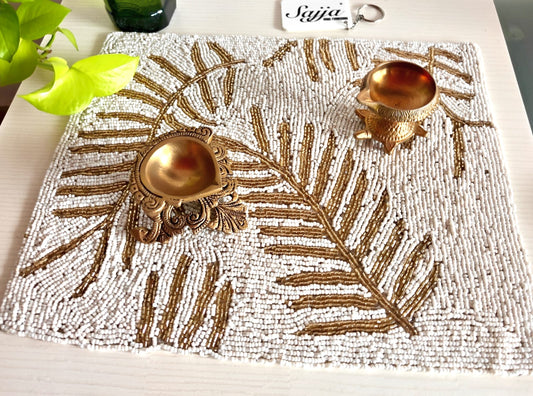 Stylish White Gold Leaves Beads Mats Décor Small Runner
