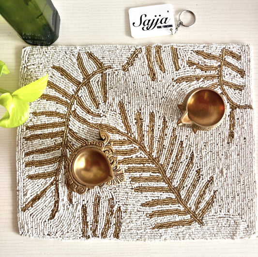 Stylish White Gold Leaves Beads Mats Décor Small Runner
