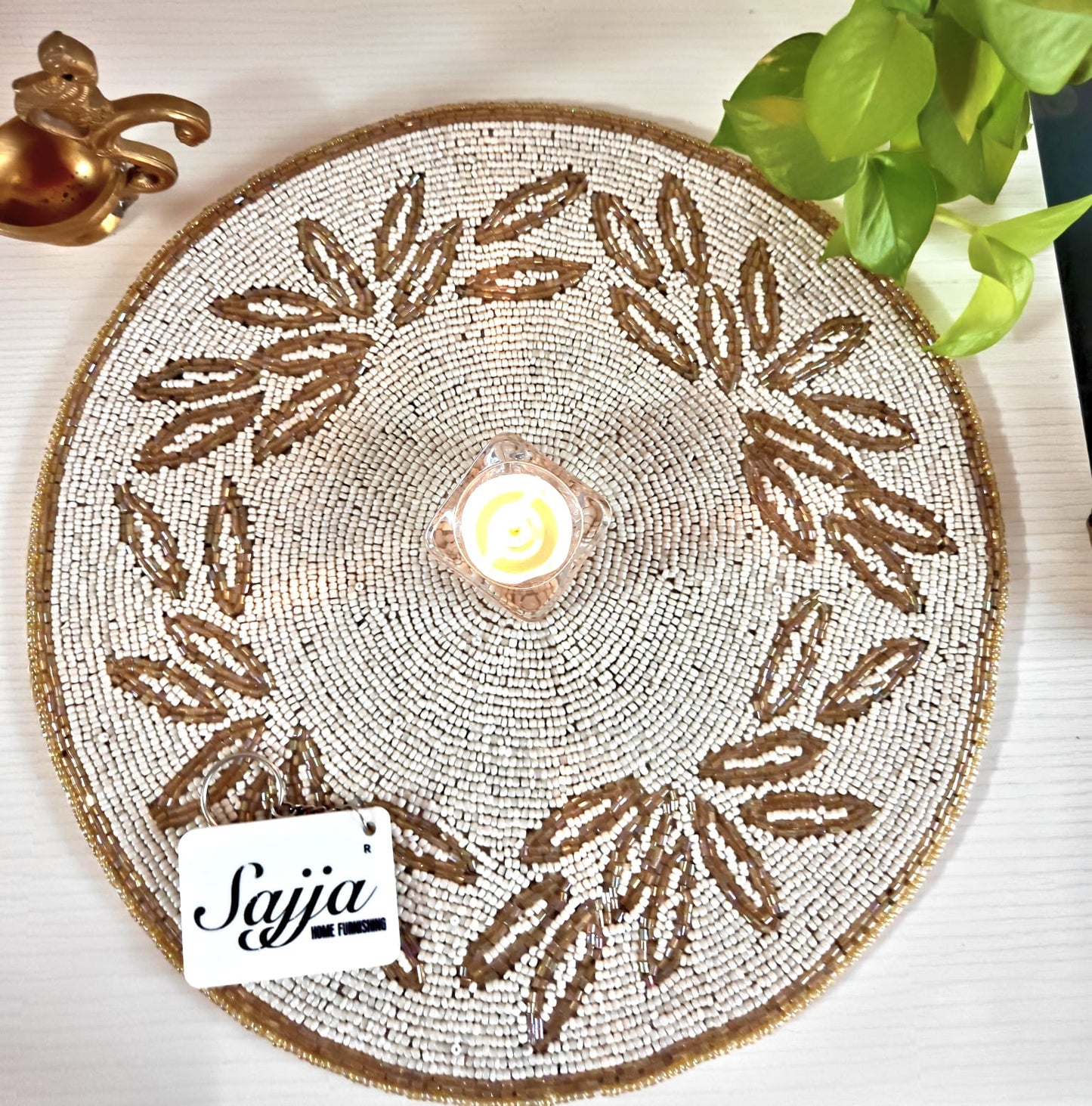 Unique Stylish Beaded Sequins Ivory Round Table Placemat Runner
