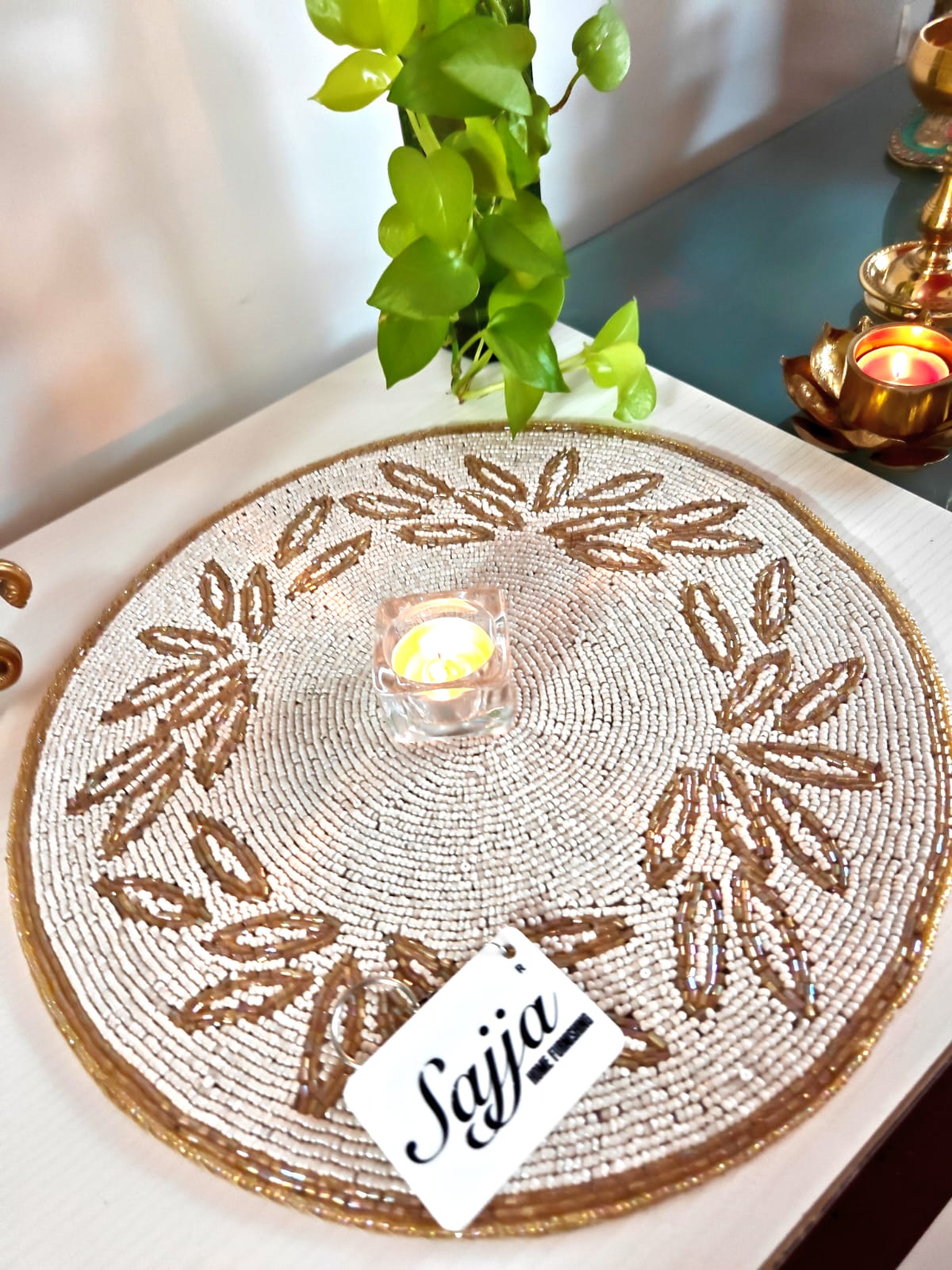 Unique Stylish Beaded Sequins Ivory Round Table Placemat Runner