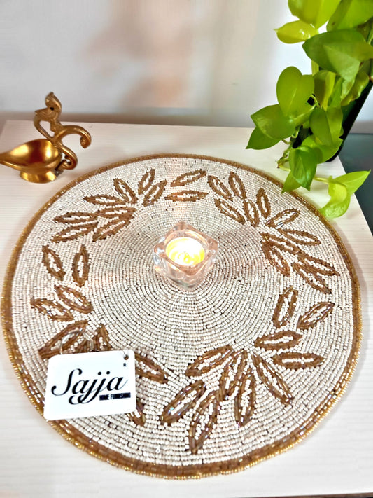 Unique Stylish Beaded Sequins Ivory Round Table Placemat Runner