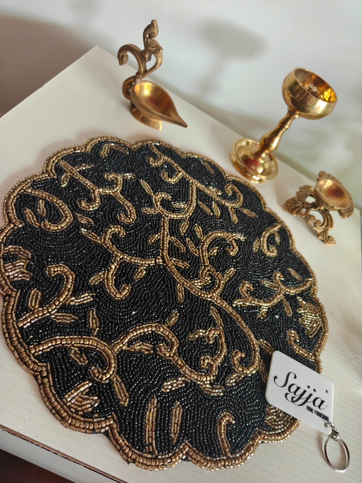 Vintage Floral Black Golden Beaded Placemat