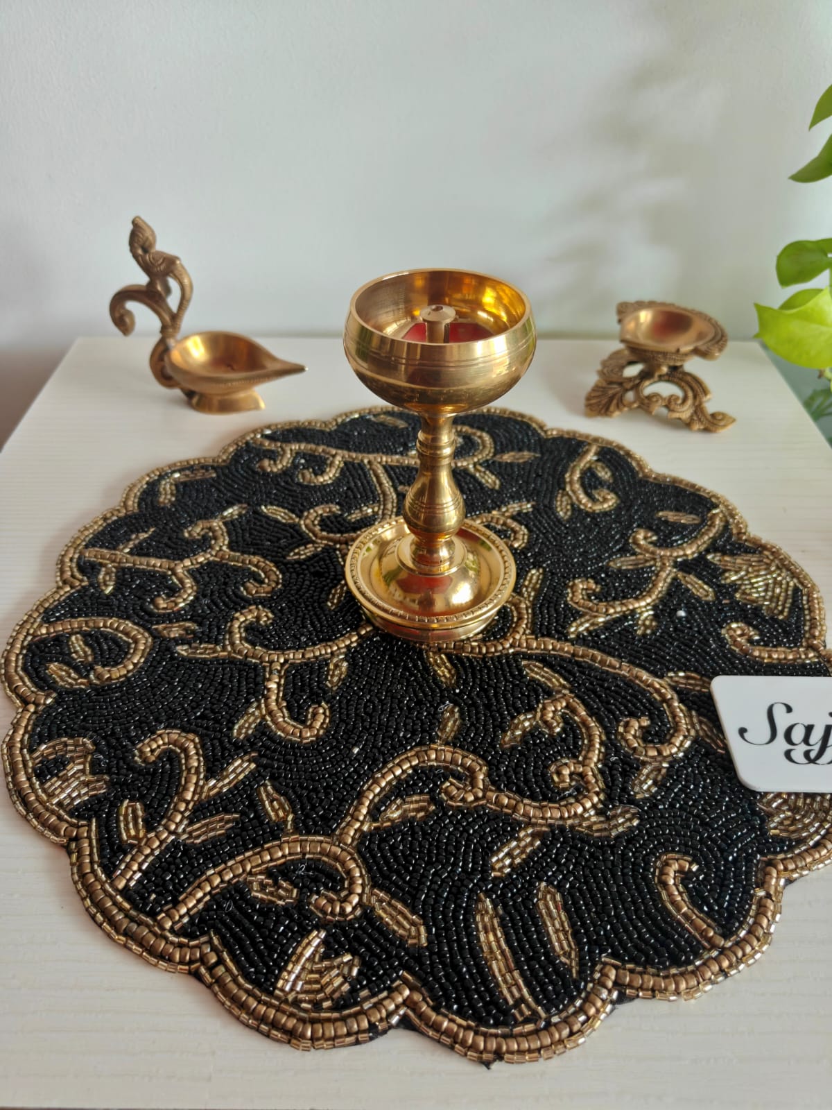 Vintage Floral Black Golden Beaded Placemat