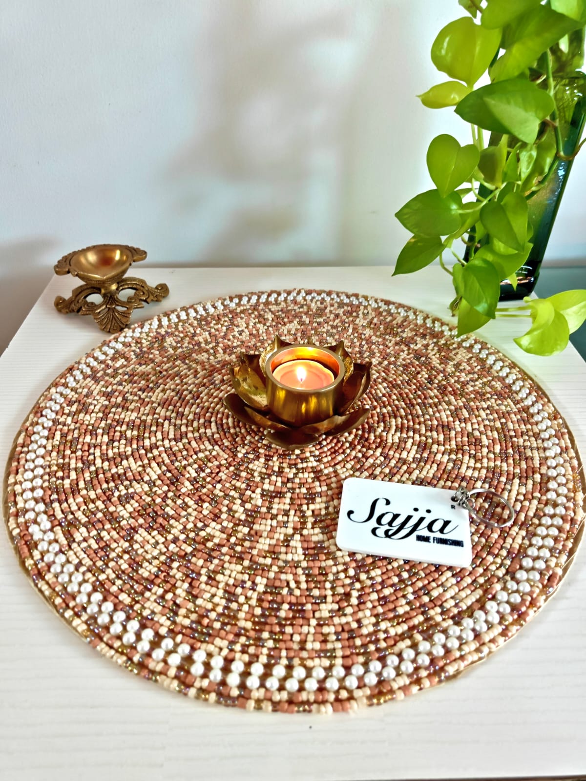 Stylish Handcrafted Elegant Beige Natural Beads Glass Table Mat Placemat