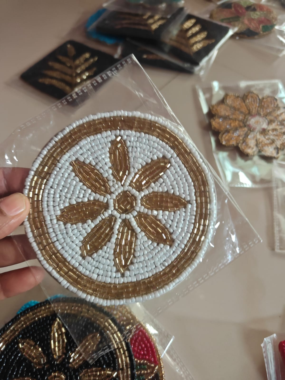 Sajja Golden White Floral Handmade Round Beads Coaster Doily