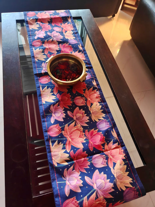 Lotus Buddha Inspired Silk Dining Table | Coffee Table Runner L-72 in, W-12 in |Diwali Runner