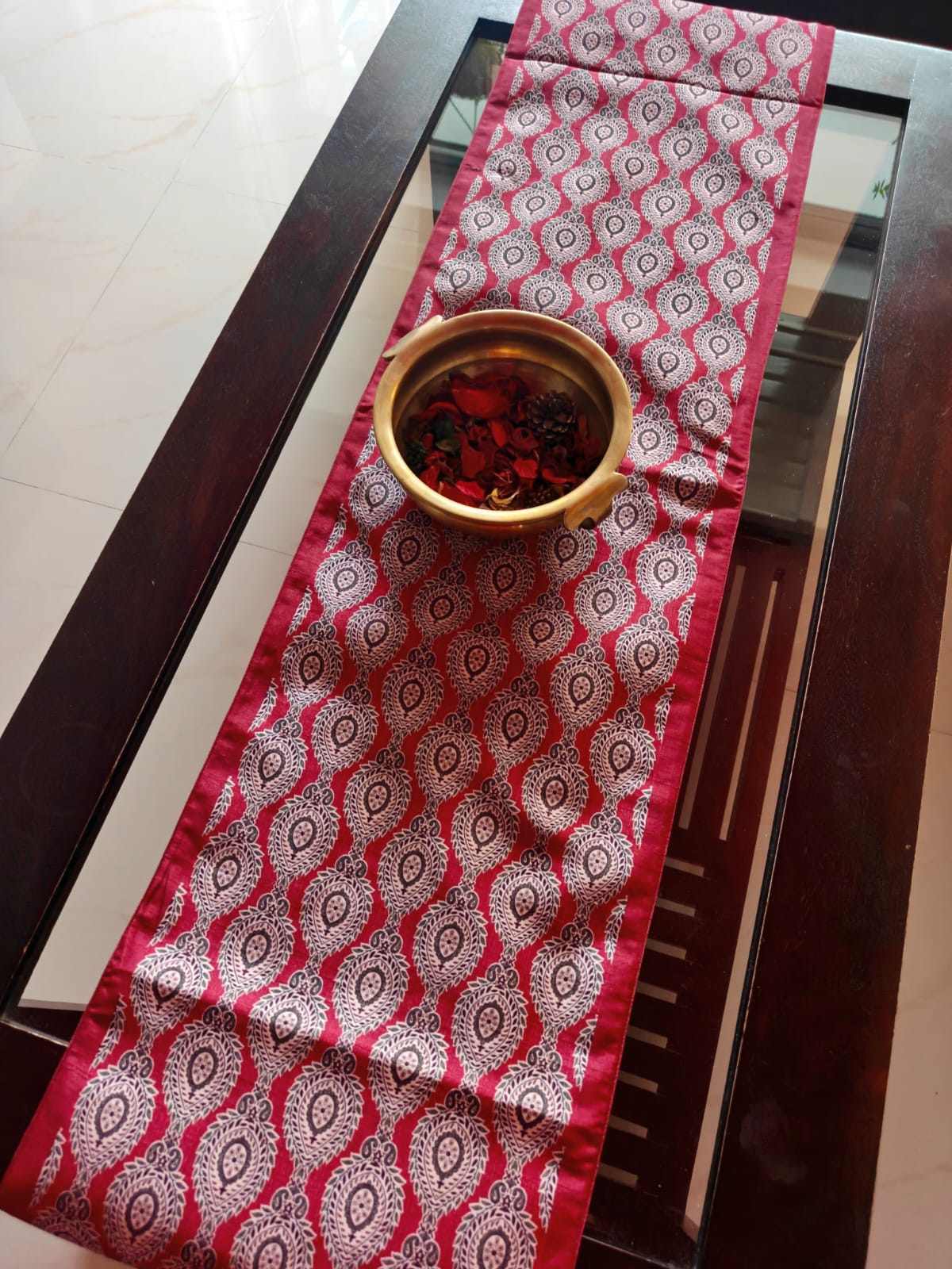 Ajrak Maroon Dupioni Silk Table Runner (L-72in, W-12in)
