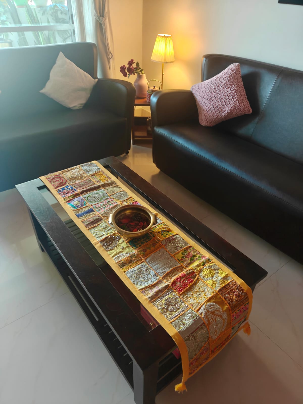 Elegant Ethnic Rectangular Festive Yellow Cotton Table Runner (14 x 60 inches)
