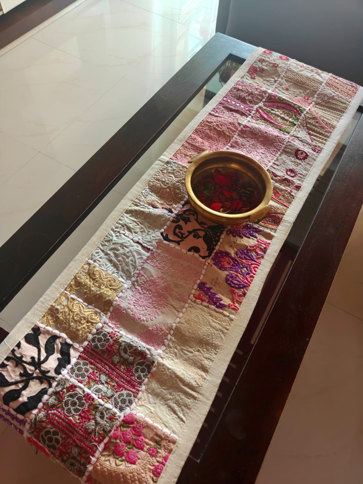 Hand Embroidered Ethnic Khambhadiya Patchwork Multicolor Cotton Table Runner Off White