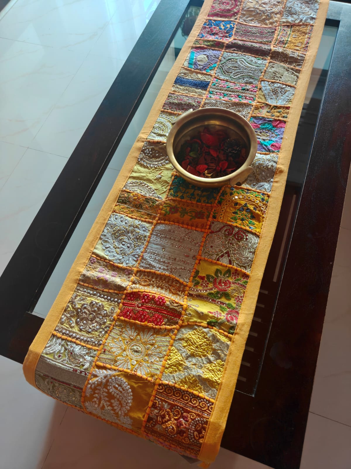 Elegant Ethnic Rectangular Festive Yellow Cotton Table Runner (14 x 60 inches)