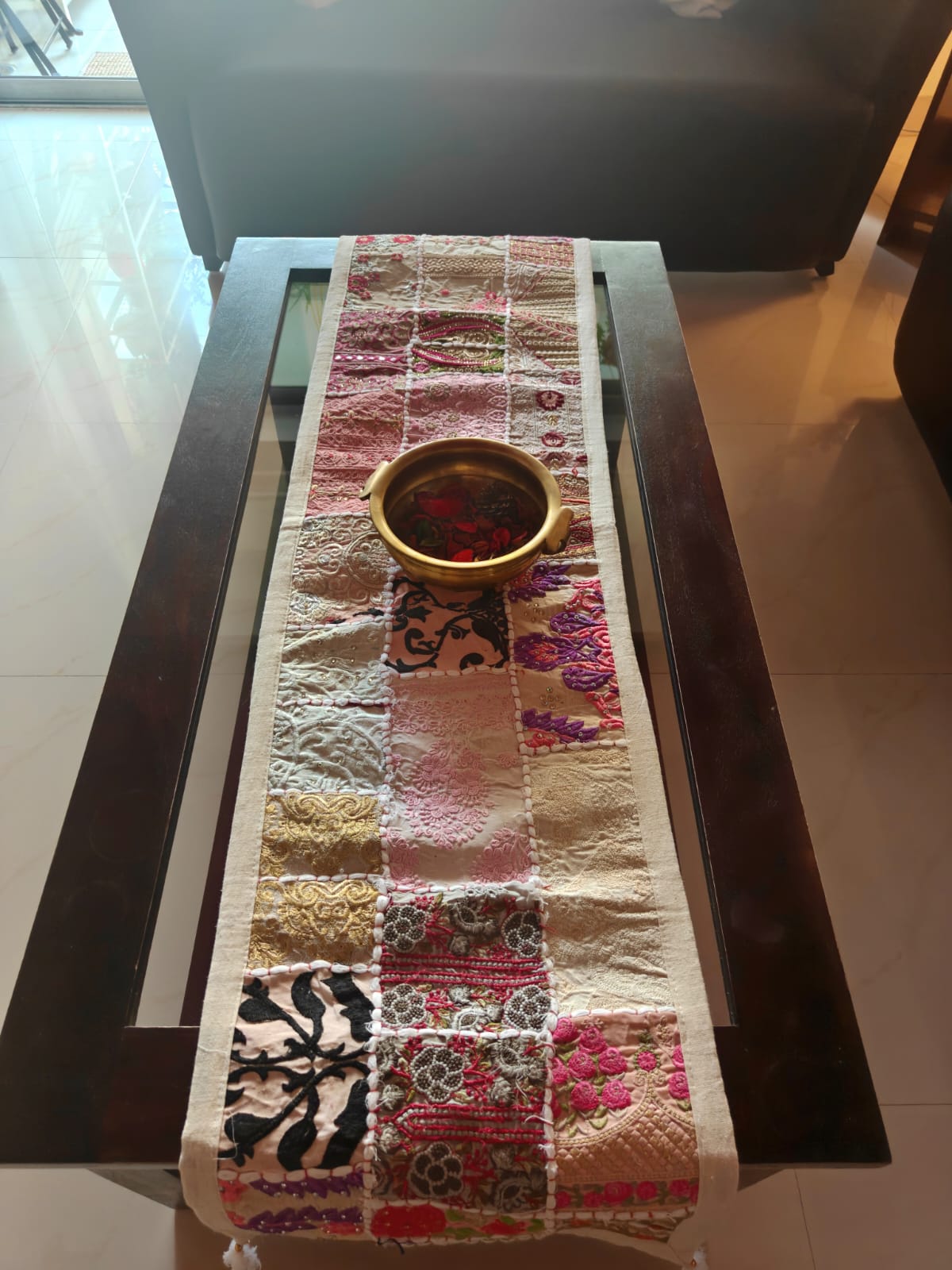 Hand Embroidered Ethnic Khambhadiya Patchwork Multicolor Cotton Table Runner Off White