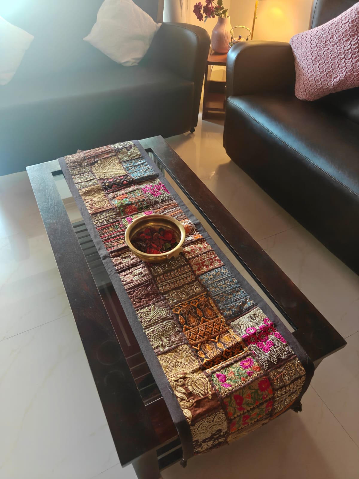 Patchwork Khambadyia Embroidered Brown Cotton Table Runner