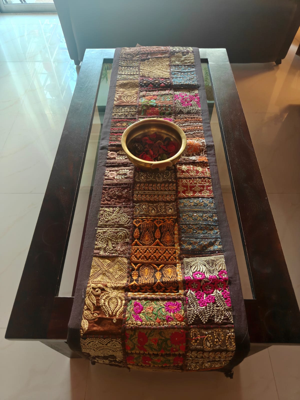 Patchwork Khambadyia Embroidered Brown Cotton Table Runner