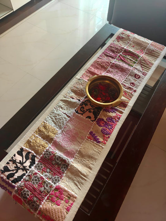 Hand Embroidered Ethnic Khambhadiya Patchwork Multicolor Cotton Table Runner Off White