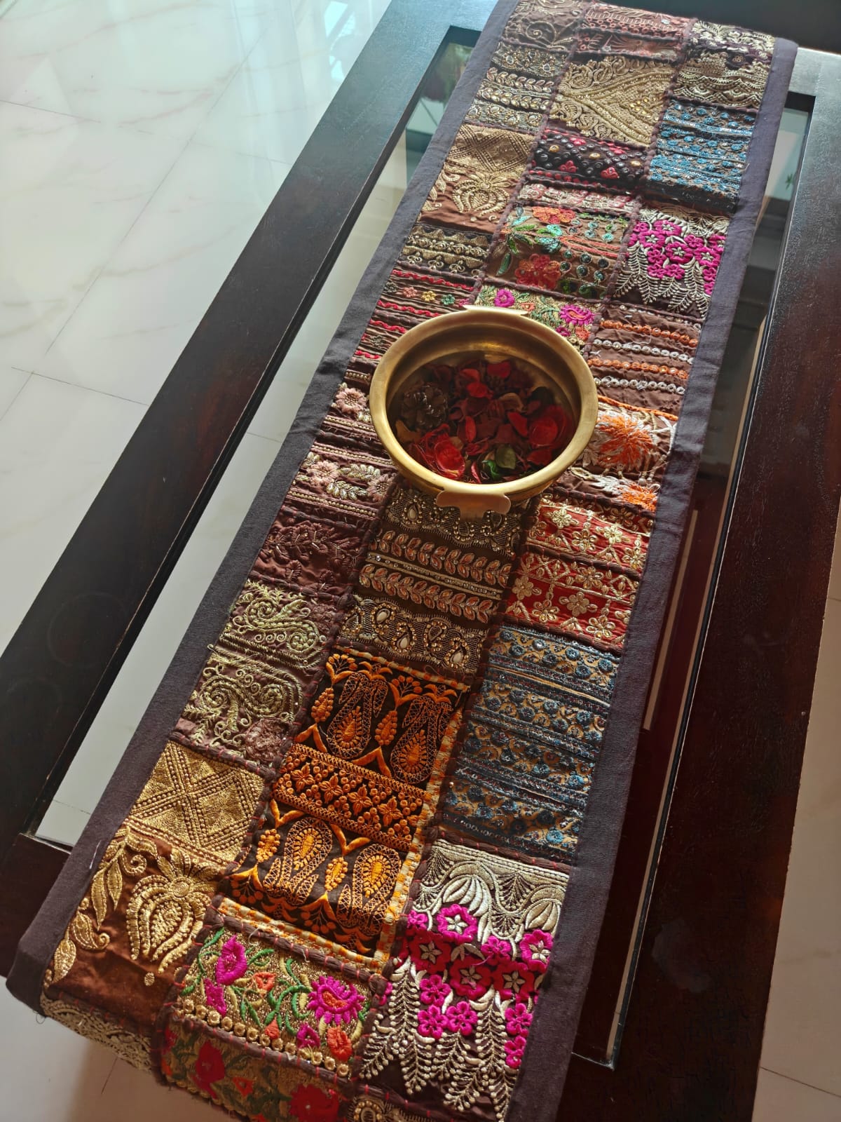 Patchwork Khambadyia Embroidered Brown Cotton Table Runner