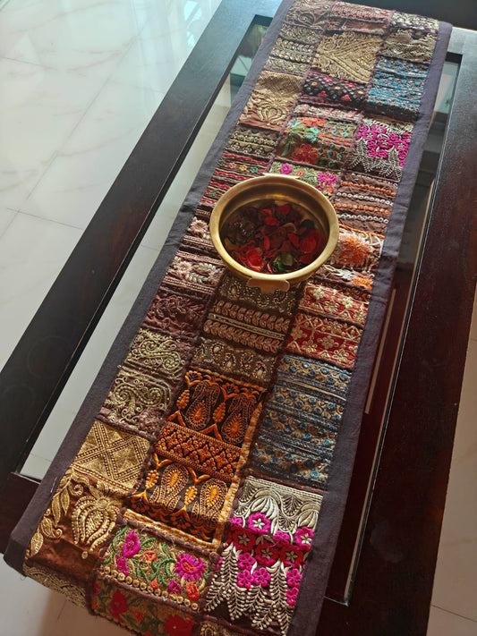 Patchwork Khambadyia Embroidered Brown Cotton Table Runner