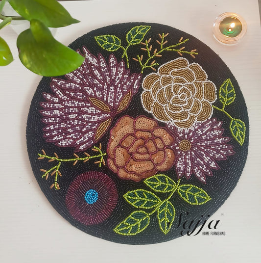 Garden of Roses Black Beads Round Floral Mat