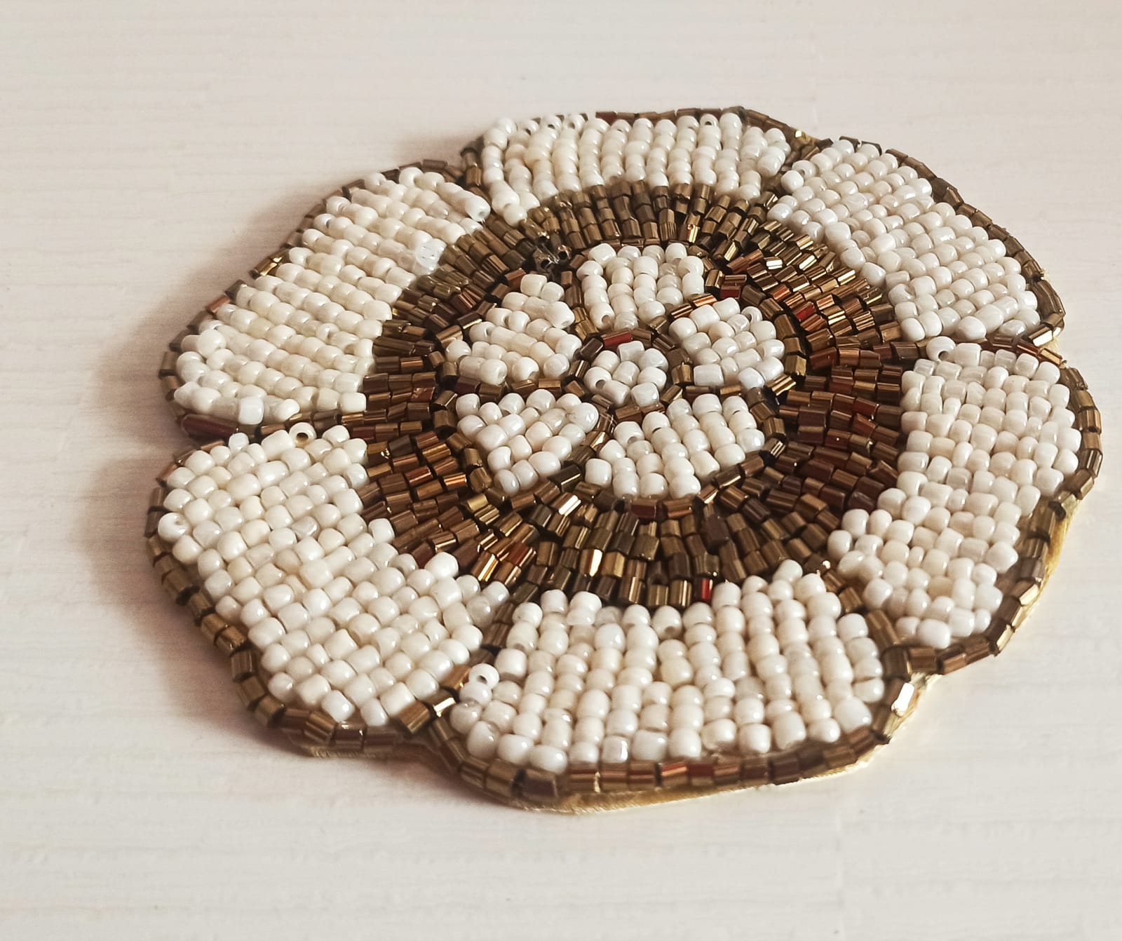 Sajja Golden  Ivory Scalloped Floral Handmade Round Beads Coaster Doily