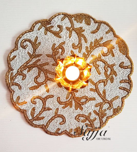 Classic Designer White Golden Beaded Table Placemat