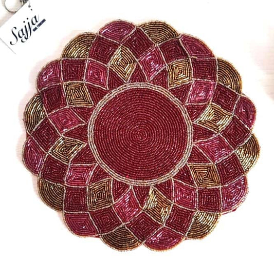 Royal Red Round Scalloped Handmade Beads Mat Tablemat