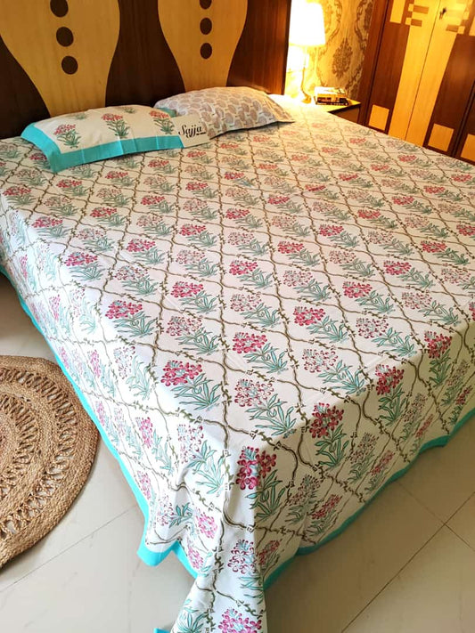 Hand Block Guldasta Chinar Pink King Cotton Bedsheets Online 108 inches x 108 inches