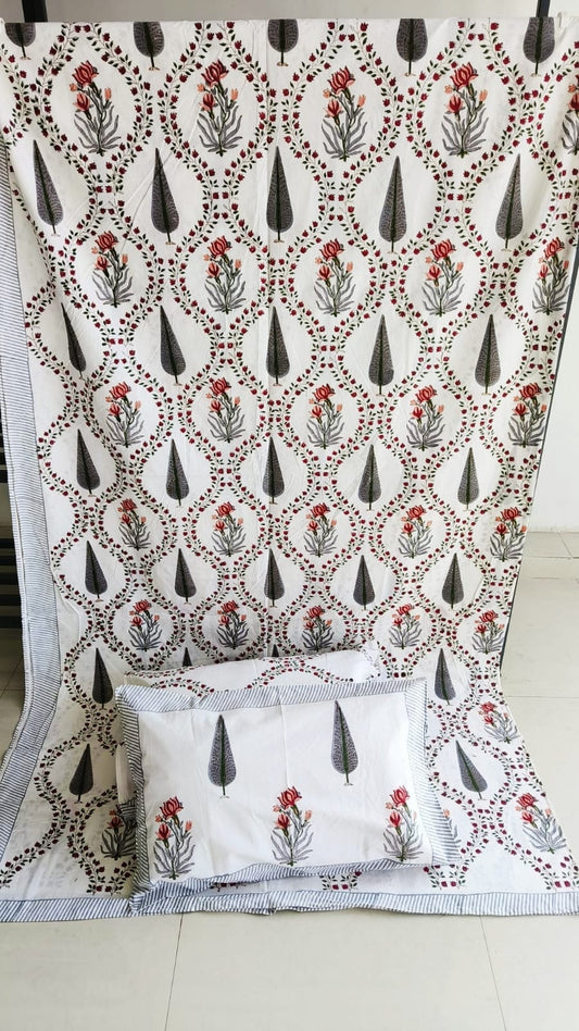 Vintage Cotton Mughal Floral Jaal Hand block Double Bedsheet King 9 feet x 9 feet