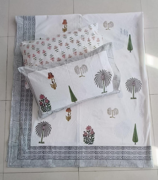 Vintage Mughal Jaal Floral Motif Handblock Premium Cotton Double Bedsheet Queen | Smaller King