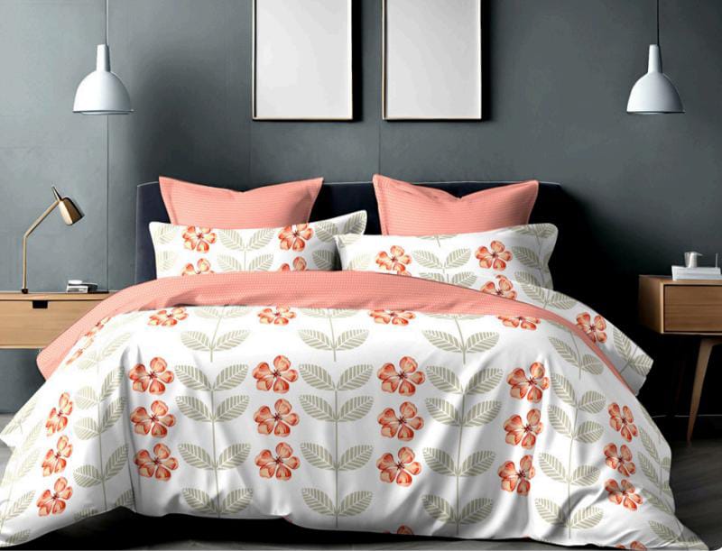 Printed Floral Orange And Ash Cotton Double Bedsheet Queen