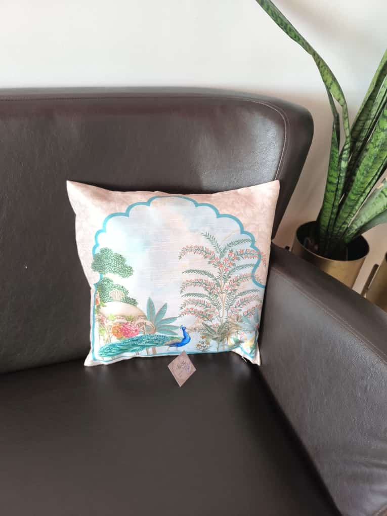 Decorative Silk Peacock Jharoka Multicolour cushion cover 16 x16 inches