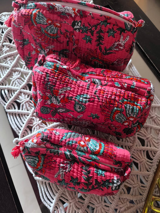 Block Printed Set of 3 Toiletry Bags  Floral Pinkish carrot | Set of 3 