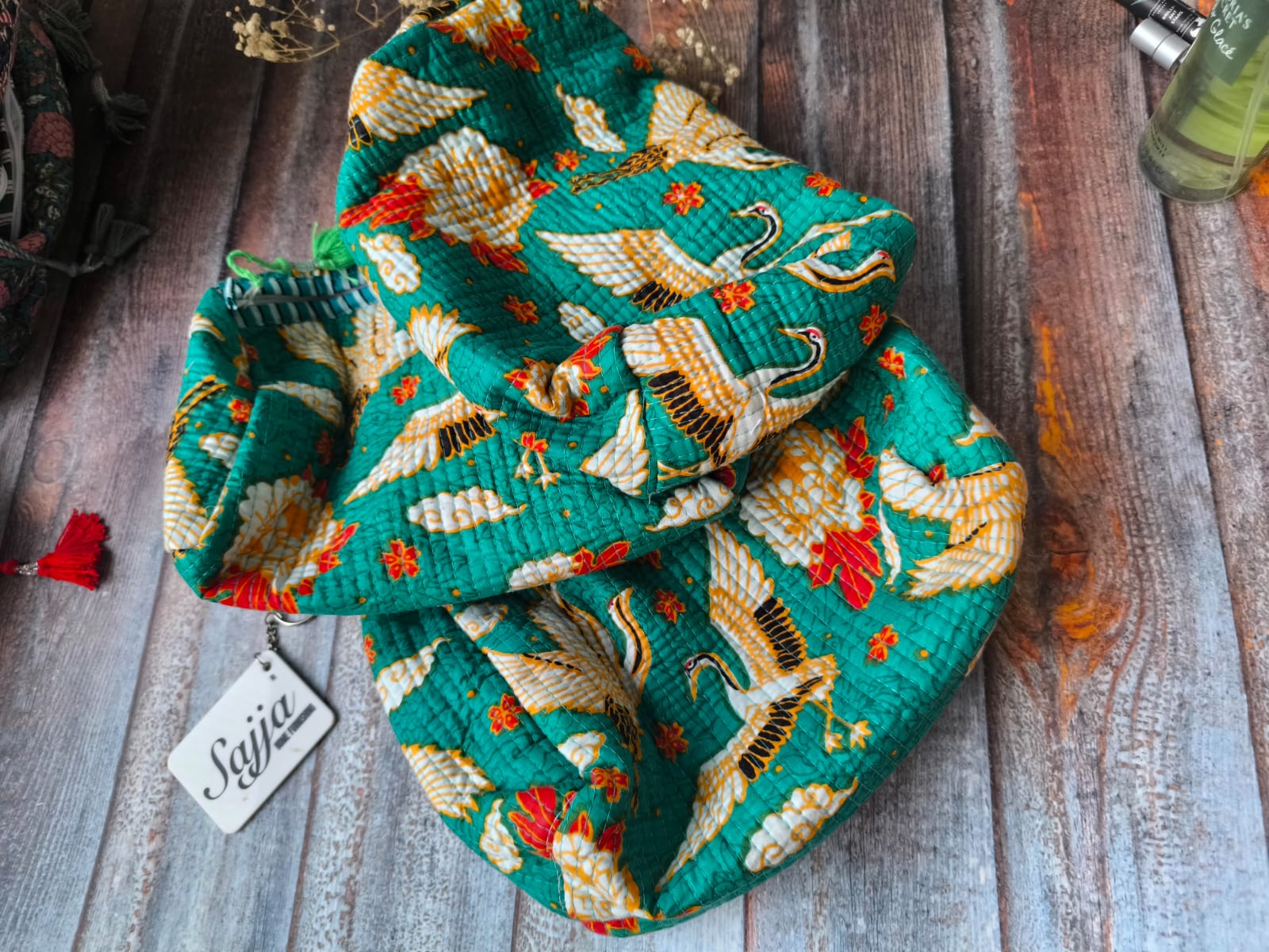 Rama Green hand block printed cotton pouch - Set of 3