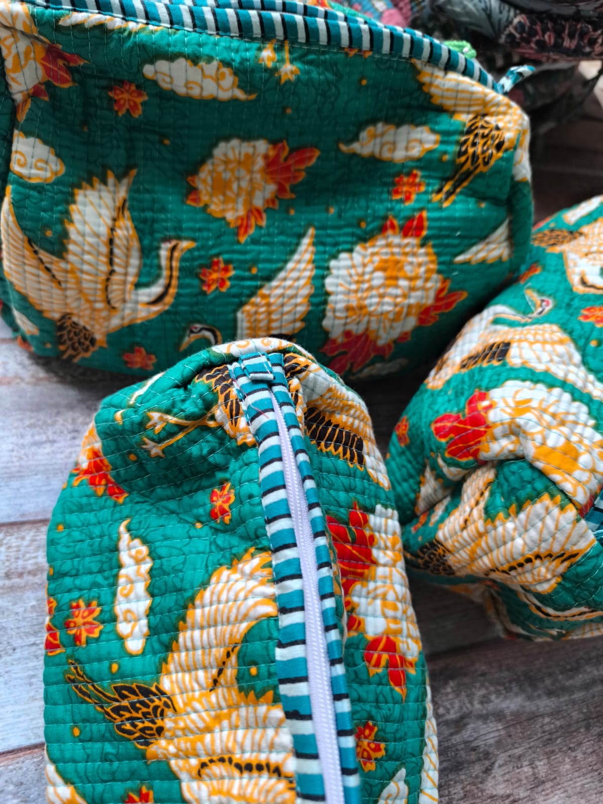 Rama Green hand block printed cotton pouch - Set of 3