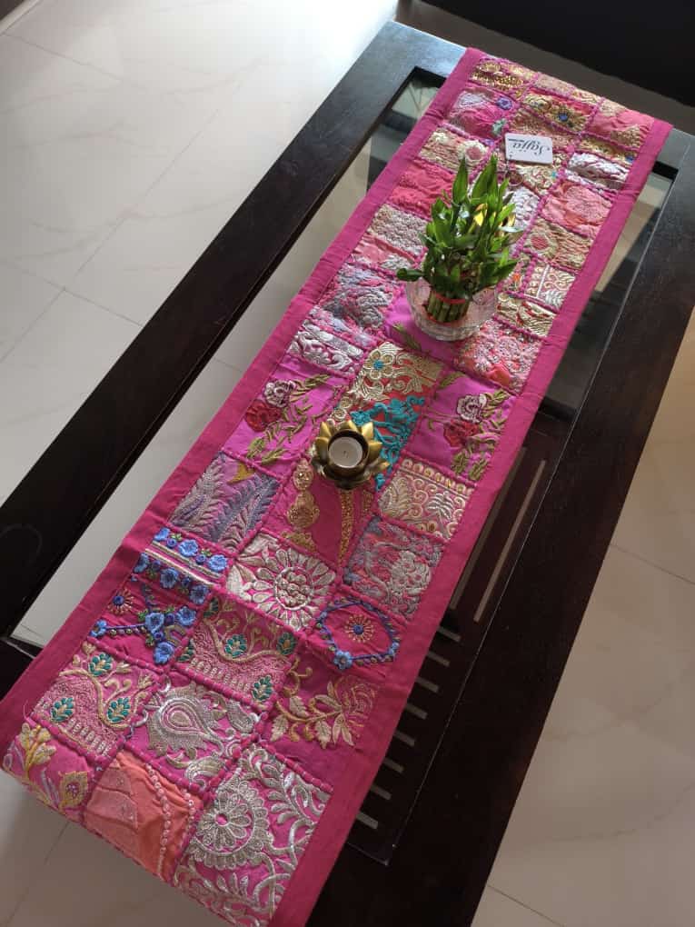 Buy Vintage Pink Ethnic Embroidered Cotton Table Runner (14 x 60 inches)