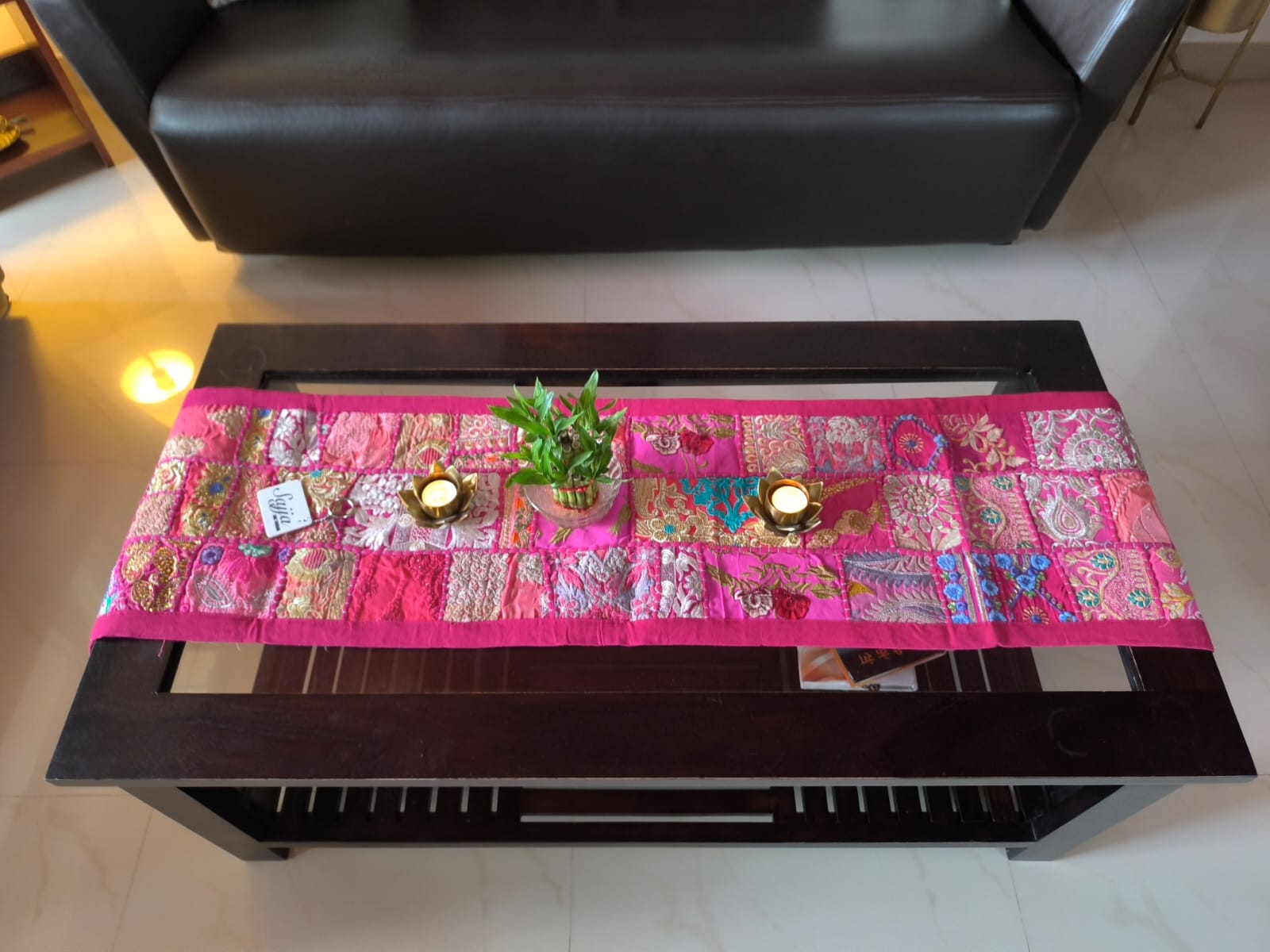 Buy Vintage Pink Ethnic Embroidered Cotton Table Runner (14 x 60 inches)