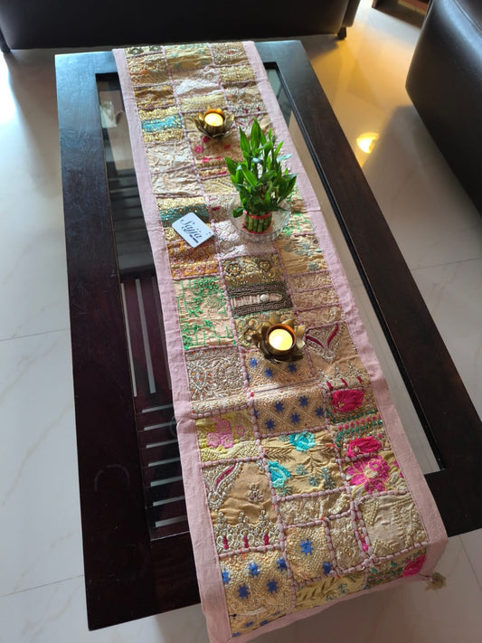 Trendy Ethnic Embroidered Beige Cotton Table Runner (14 x 60 inches)