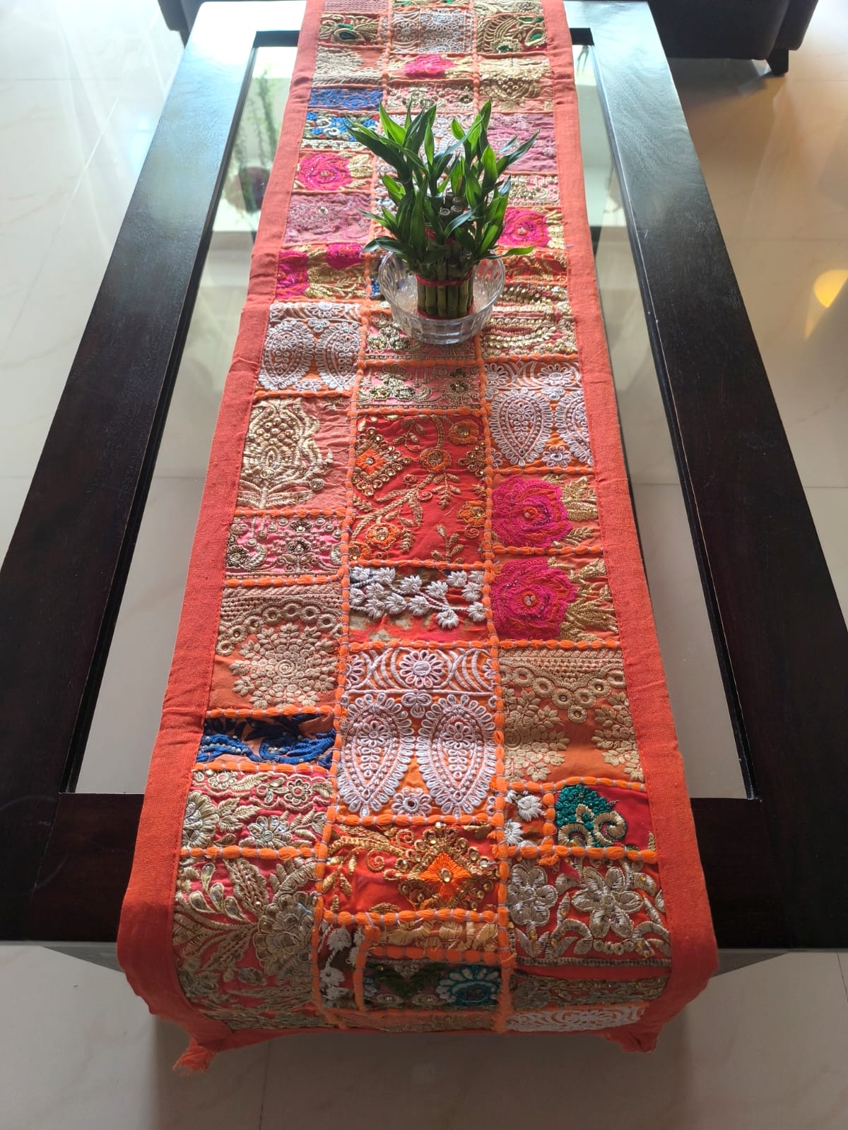 Ethnic Khambadiya Embroidery Orange Cotton Table Runner ( 14x 60 inches)