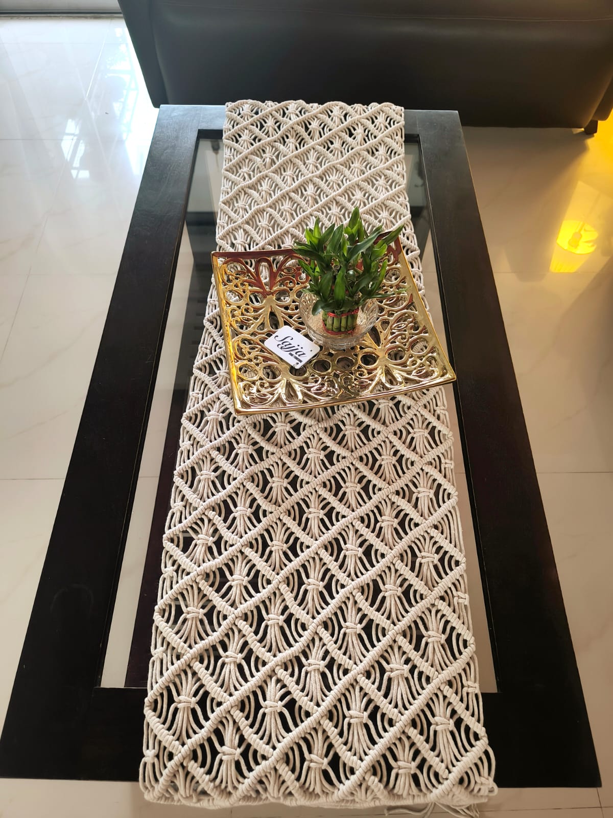 Sajja Natural Macrame Cotton Table Runner | Bed Runner