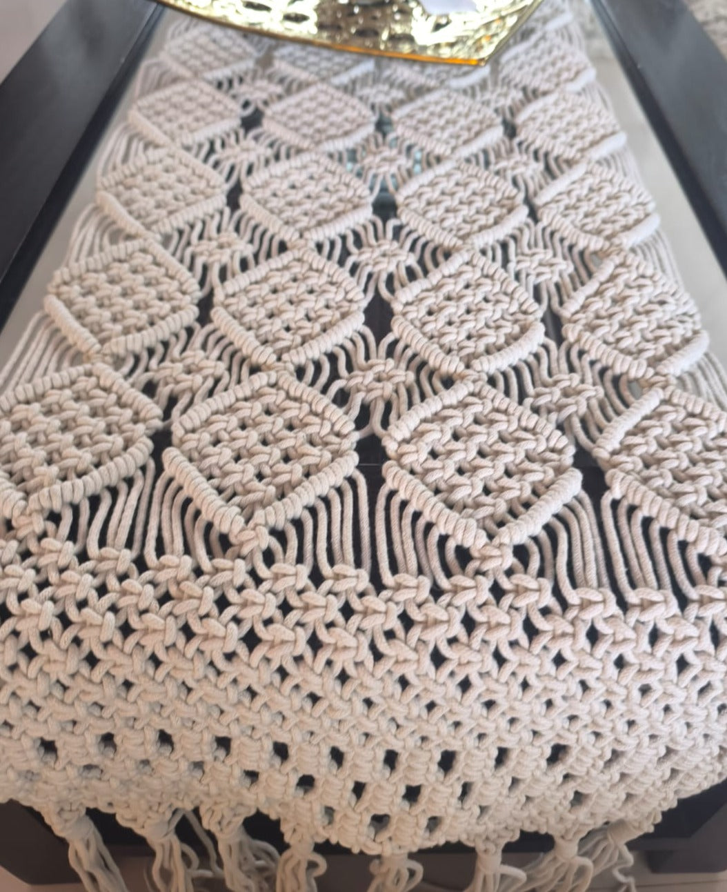 Natural Ivory Diamond Macramé Cotton Table Runner For Home Décor