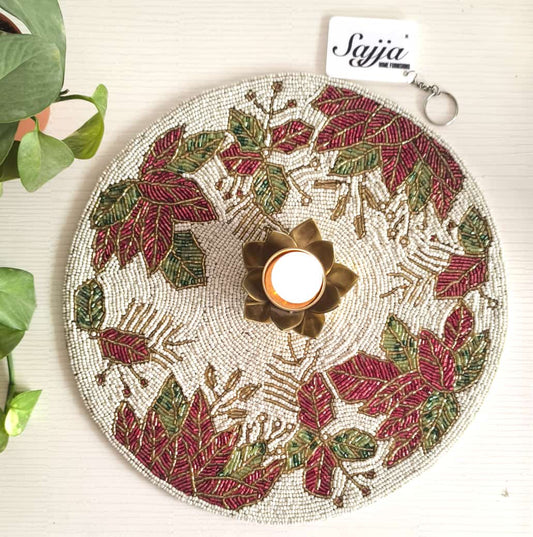 Stylish Beads Round Table Mat - Red Green White Festive Decor Mat