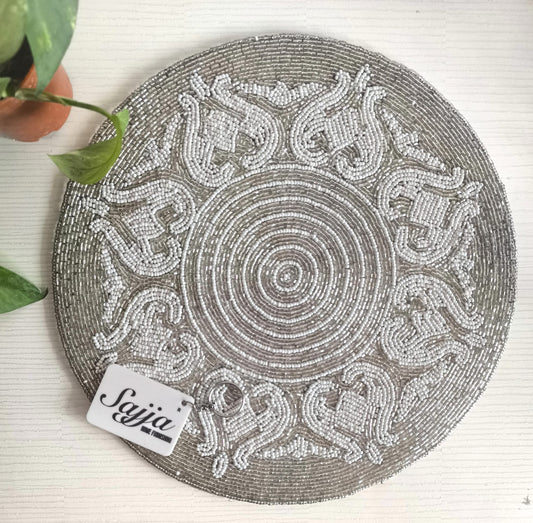 Vintage Handcrafted Elegant Silver White Mandala Beads Glass Table Mat Placemat