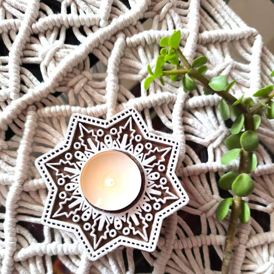 Handcrafted Ashtabhuja Star Wooden Tealight Candle | Handcrafted Diya | 1 piece | Indian Festival Diya