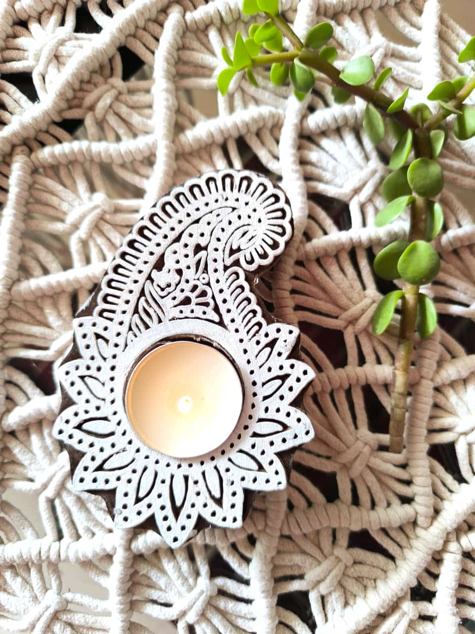 Wooden Hand Block Engraved Paisley Tea light Holder | Handcrafted Diya | 1 piece | Indian Festival Diya