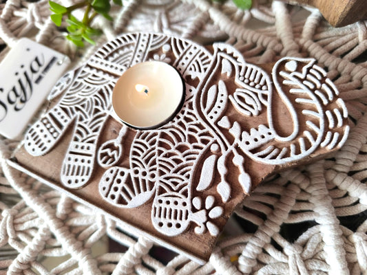 Rajwada Elephant Handcarved Pure Wood Diya Tealight Candle Holder | Handcrafted Diya | 1 piece | Indian Festival Diya