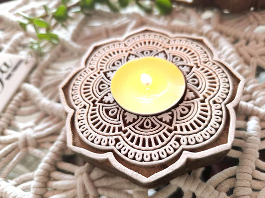 Round Hand carved Pure Wood Diya Tealight Candle Holder | Handcrafted Diya | 1 piece | Indian Festival Diya