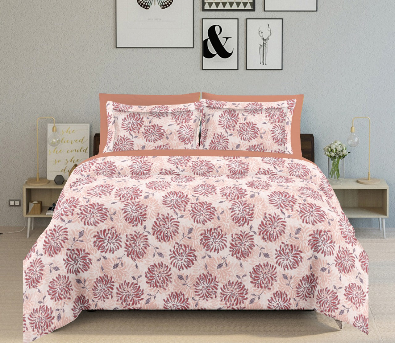 Premium Opulence King Bedsheet Peach Pink Floral 108 inches x 108 inches Abstract pattern