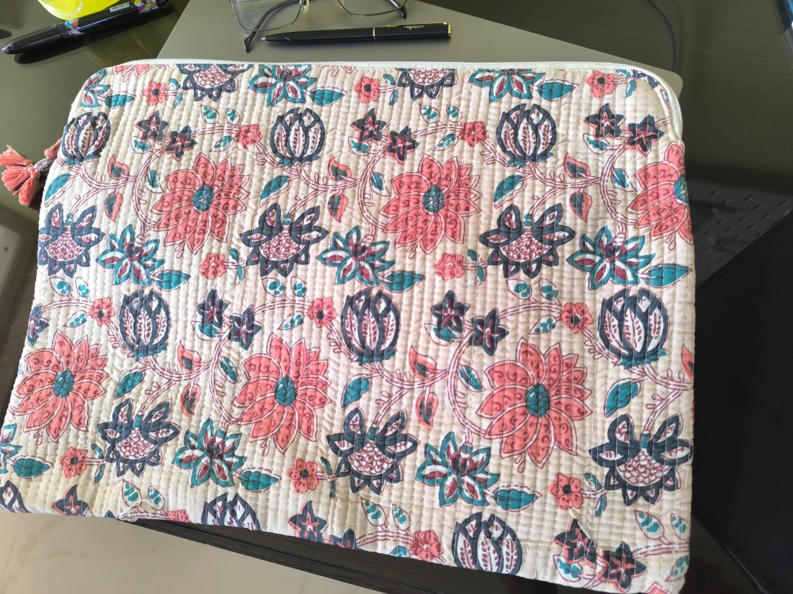 Multicolour Floral Jaal Hand Blockprinted Laptop Sleeve | Sajja