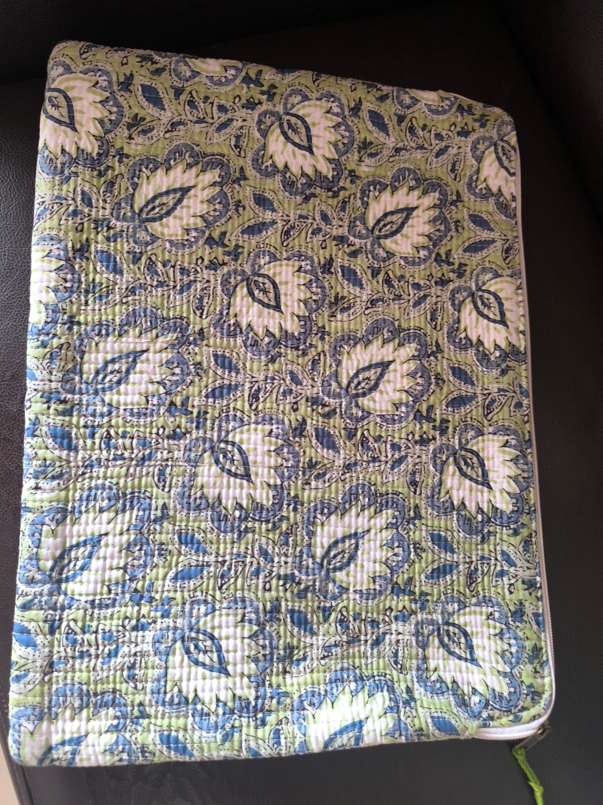 Light Green Floral Hand Block printed Laptop Sleeve | Sajja