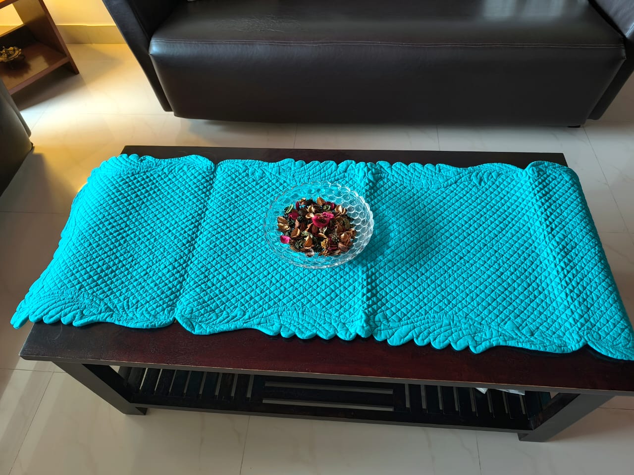 Reversible Organic Cotton Rama Green Teal Quilted Table Runner Cover (L-61in, W-20in)