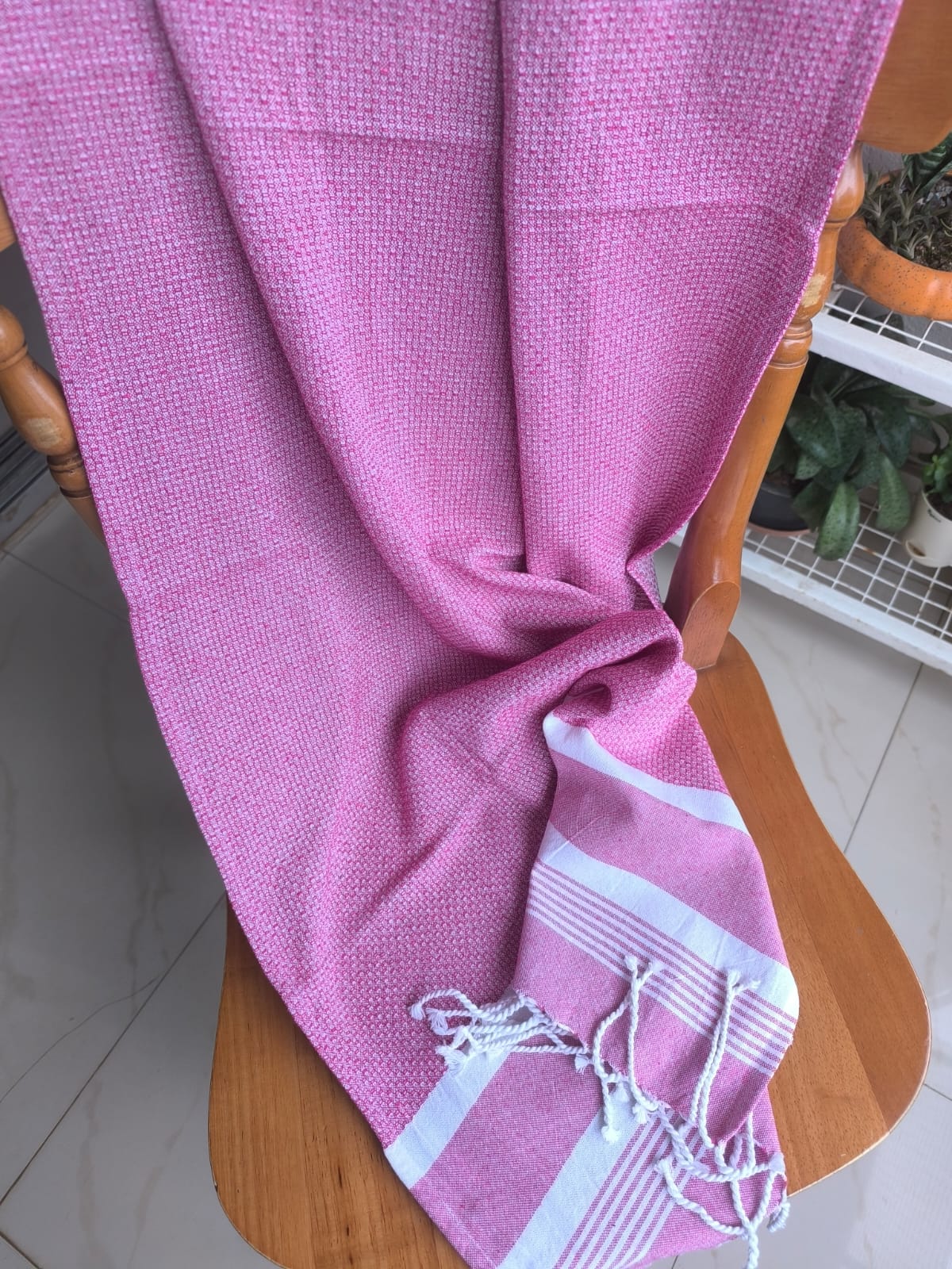 Absorbent Weaved Tasseled Turkish Organic Cotton Bath Towel Pink - large